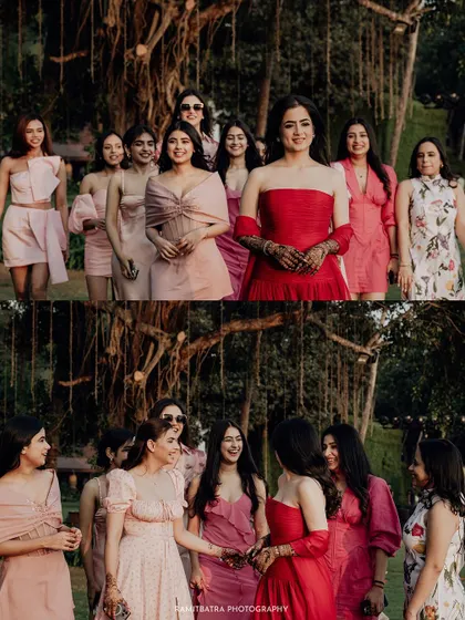 A collage showing the bride and her bridesmaids walking together and sharing laughs at the bridal shower.
