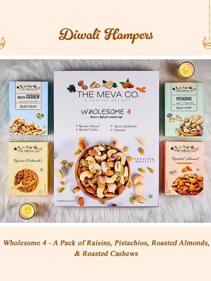 For a wholesome and healthy gift, we offer this premium dry fruit collection. It includes four varieties of roasted almonds, cashews, pistachios, and raisins, perfect for nutritious snacking during the festivities.