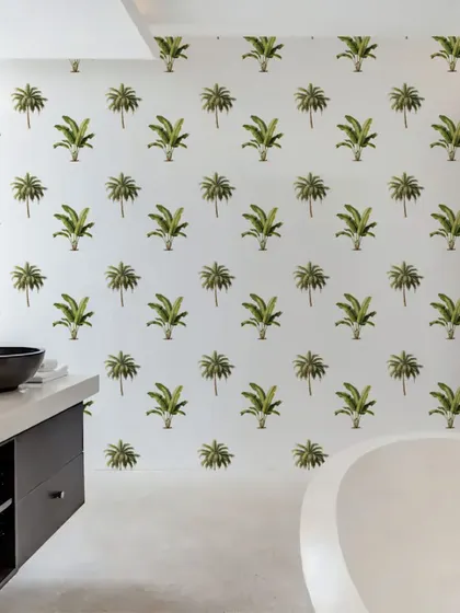 This bathroom is transformed into a tropical oasis with our Banana and Palm Tree wall stickers. The pattern adds a fresh and clean look to the space.