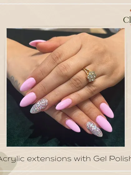Bubble gum pink with a touch of sparkle. These acrylic extensions feature a matte pink finish with accent nails covered in silver glitter for a fun and stylish look.