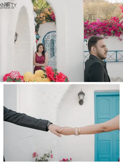 Creative compositions at the Santorini-themed location. A stolen glance through an archway and a close-up of their hands tell a story of connection.