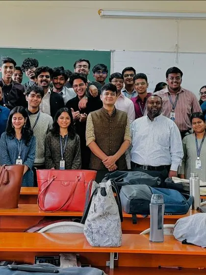 A group photo with the bright BBA students of Christ University after my guest lecture. Their enthusiasm for Vedic sciences was truly inspiring.