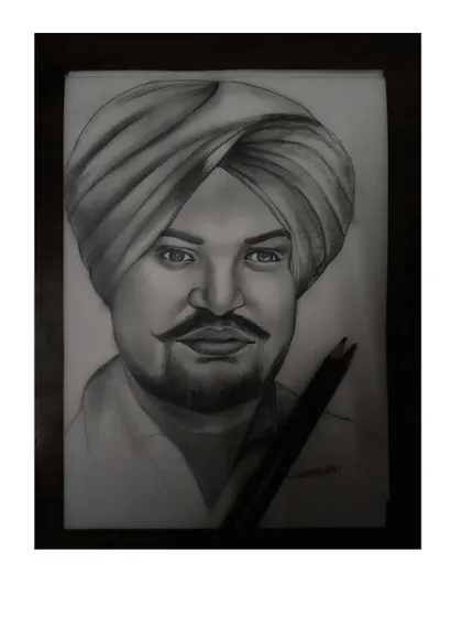 A tribute portrait of Sidhu Moosewala, done with pencil and charcoal. This sketch captures his likeness and signature look, created as a mark of respect.
