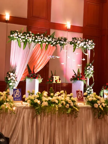 A fun, Avengers-themed Sangeet night. We incorporated custom signs for each table, like 'Space', 'Power', and 'Reality' stones, adding a playful touch to the decor.