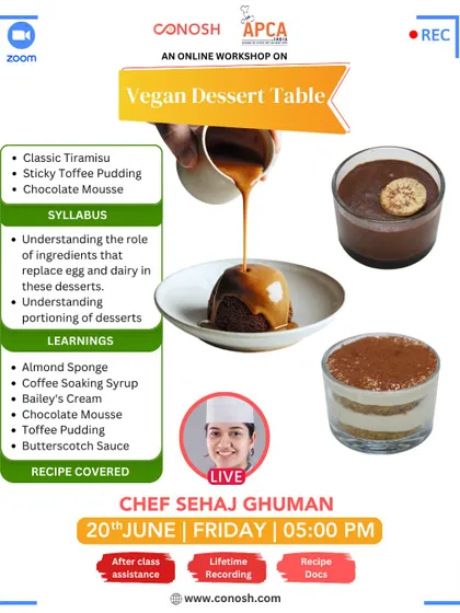 Create a stunning vegan dessert table with this workshop. I teach you how to make a classic Tiramisu, Sticky Toffee Pudding, and Chocolate Mousse, understanding the ingredients that replace egg and dairy.