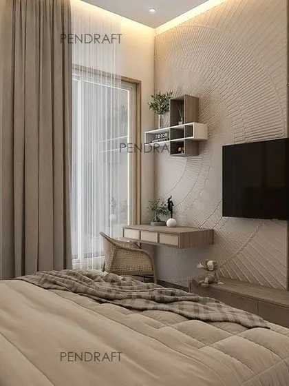 A bedroom designed with a Zen interiors theme. We used an earthy color palette and subtle wall textures to create a peaceful and minimalist retreat.