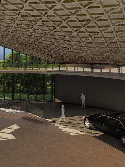 A rendering of a commercial building's lower level, designed to accommodate vehicles. The coffered ceiling and expansive glass walls create a space that is both functional and architecturally interesting, even in a parking area.