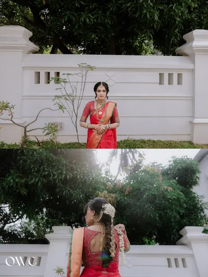 A collage showing the bride's full look, including a beautiful back shot of her hairstyle.