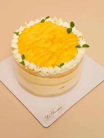 The full view of my Mango Vanilla Cream Cake, topped with beautifully arranged fresh mango slices and mint leaves.