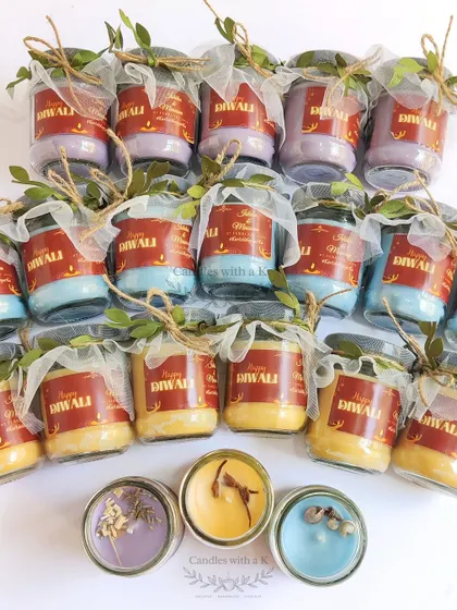 An order of 100ml jar candles with custom "Happy Diwali" stickers, created in various scents and colors for a client in Telangana.