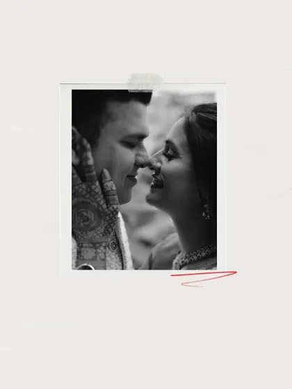 An artistic, polaroid-style photo of a couple's intimate, nose-to-nose moment. This creative framing adds a nostalgic and personal touch to their pre-wedding collection.