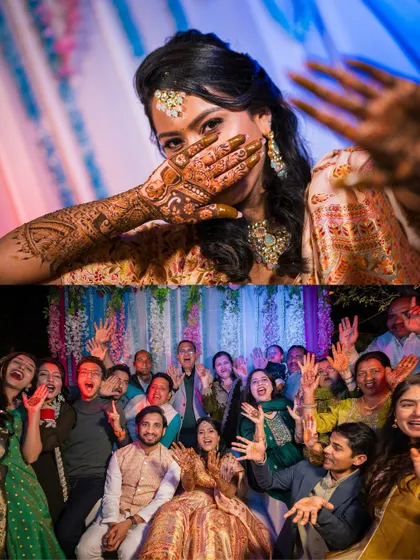 A collage of fun, candid moments from a Sangeet night, with the bride and guests enjoying the party atmosphere.
