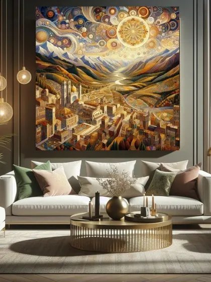 A fantastical landscape that blends a detailed cityscape with a celestial, dreamlike sky. We love creating imaginative pieces that transport you to another world.