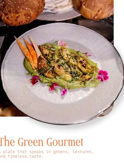 We craft sophisticated plant-based dishes that are central to the gourmet experience. This Green Gourmet plate features layers of texture and flavor, ensuring all dietary preferences are catered to with elegance.