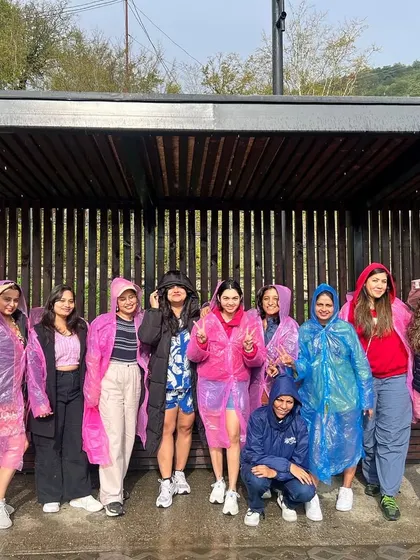 Not even the rain can stop our fun. Our group in colorful raincoats, still smiling and ready for whatever the day brings in the beautiful landscapes of Georgia.
