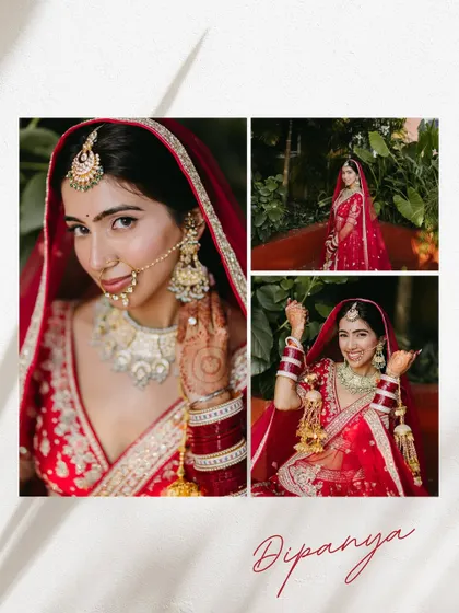 A collage of a bride in a classic red lehenga, featuring a stunning close-up of her face and joyful full-length portraits.