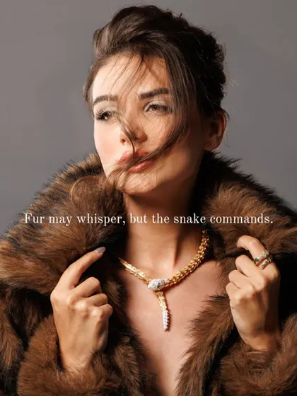 Luxury is about texture and mood. The combination of the rich fur coat and the intricate serpent necklace creates a story of opulence and power. We style our shoots to create a world around the product, making it aspirational.