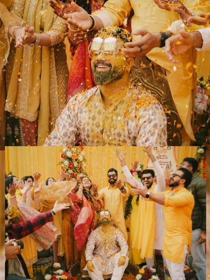 The groom's "turmeric shower" moment, captured from two angles to show the full extent of the fun and celebration.