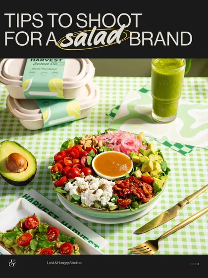 Tips for shooting a salad brand. For Harvest Salad Co, we created a full table scene with the product as the hero, using brand colours and fresh ingredients to tell a story of health and flavour.