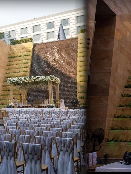 A composite view of the wedding ceremony space, showing the guest seating, the aisle, and the beautifully decorated mandap area.
