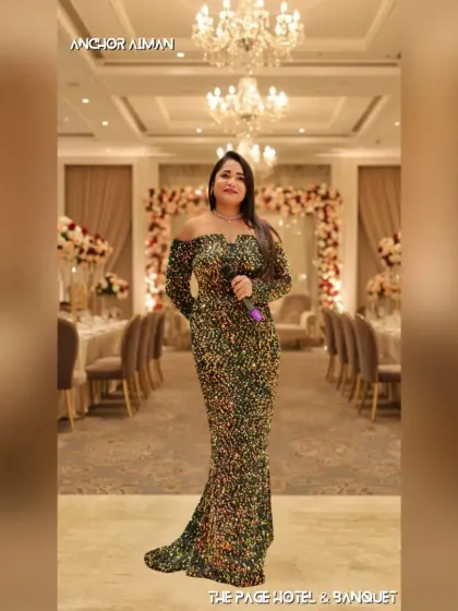 Ready for the main wedding event at The Page Hotel, Rohtak. Dressed in a shimmering gown, I am prepared to host the evening with grace and ensure a seamless flow from the couple's entry to the final rituals.