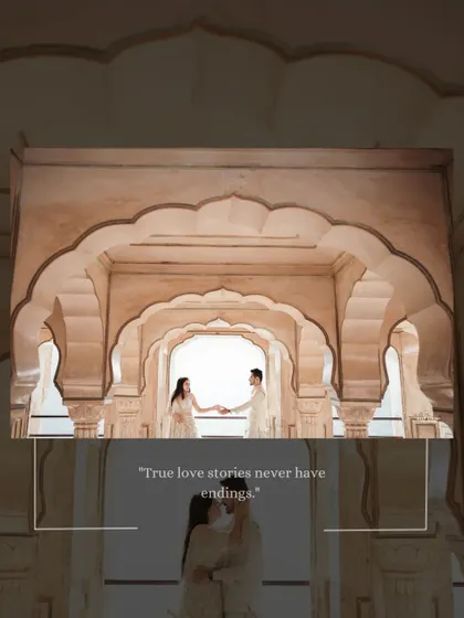 A creative shot using the repeating arches of Amer Fort to frame the couple, creating a sense of depth and endless love in this historic setting.