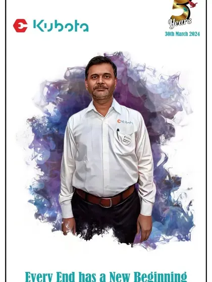 A digital caricature created for a Kubota corporate event. The artwork is framed with the company's 5-year anniversary branding, turning each portrait into a commemorative piece celebrating a key company milestone.