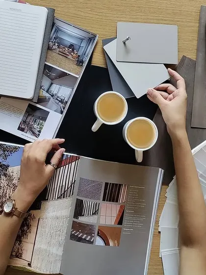 Creativity is allowing yourself to make mistakes; design is knowing which ones to keep. This mood board captures the aesthetic exploration for an office interior, showing the interplay of color palettes, material samples, and inspirational images.