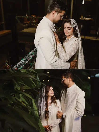 A collage showcasing the couple's love in elegant white attire. From a tender embrace to a shared look, these portraits capture the grace and intimacy of their relationship.