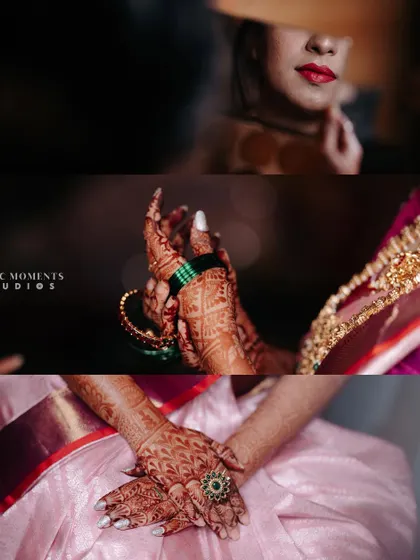 A collage focusing on the intricate details of the bride's engagement look, including her makeup, mehandi, and jewelry.