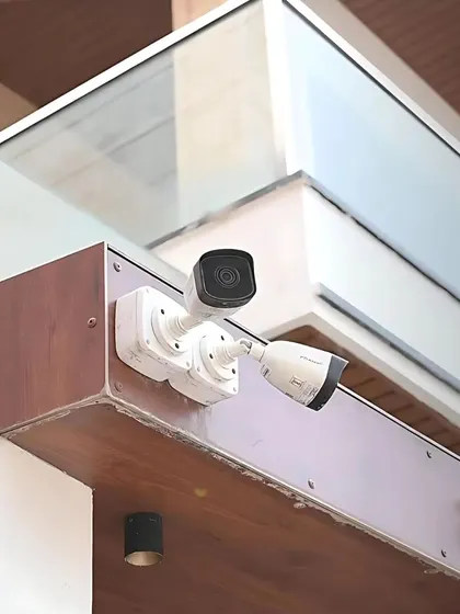 A detailed shot of the outdoor CCTV cameras we installed at a client's villa, ensuring comprehensive security coverage.