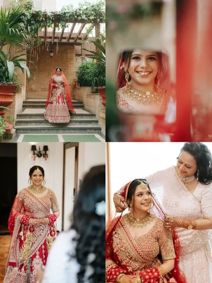A collage of beautiful bridal preparation moments, from a quiet reflection in the mirror to a loving touch from her mother.