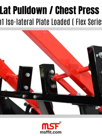 A close-up of the robust pivot mechanism on the 2-in-1 Lat Pulldown/Chest Press machine.