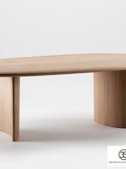 This minimalist dining table, with its clean lines and curved wooden legs, is an example of our custom furniture design. It's crafted with a beautiful veneer finish for a look that is both modern and timeless.