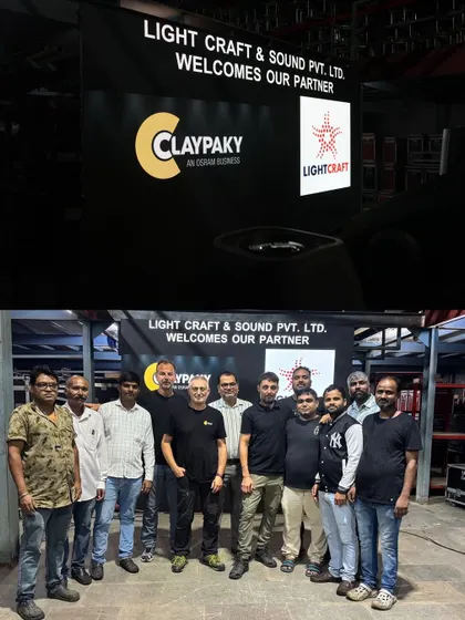 A group photo of our team with our partners from Claypaky. These collaborations are key to our commitment to providing the best technology and expertise.