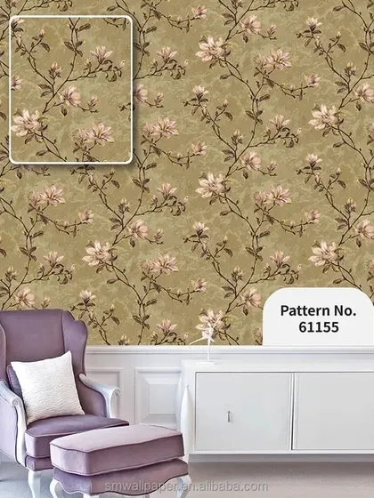 A room mockup with an olive green wallpaper featuring a pattern of pink flowering vines.