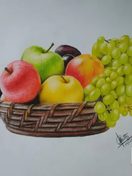 A classic still life drawing of a fruit basket, created with color pencils. I focused on capturing the different shapes, colors, and shiny textures of the apples and grapes.