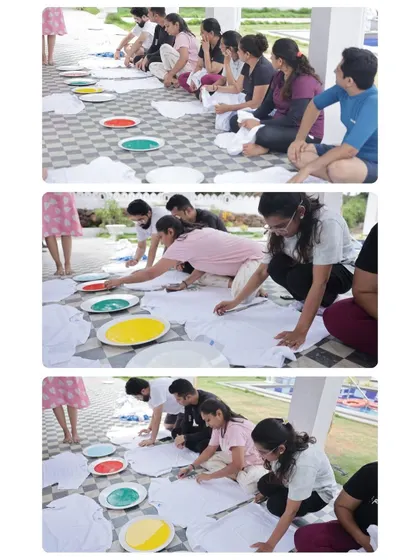 The process begins. With blank T-shirts as their canvas and a palette of colors before them, participants start the hands-on work of translating their inner landscapes into art.