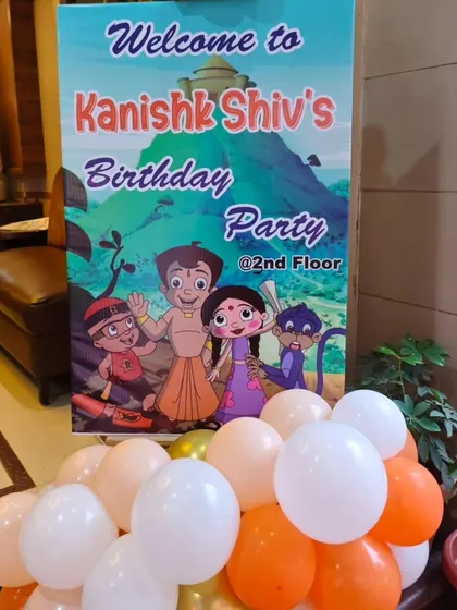 The welcome sign for Kanishk's Chhota Bheem party, inviting guests to the celebration.