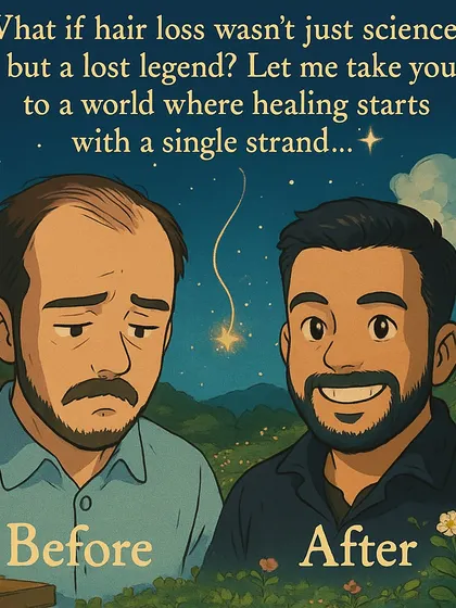 Your healing starts with a single strand. This illustration captures the emotional and physical journey of hair restoration, moving from the sadness of hair loss to the joy of a full, healthy head of hair.