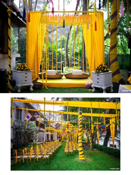The beautiful yellow-themed decor for an outdoor haldi ceremony, ready for a day of fun.