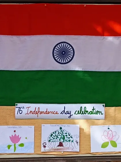 Our Independence Day board, featuring the Indian flag and children's drawings of national symbols.
