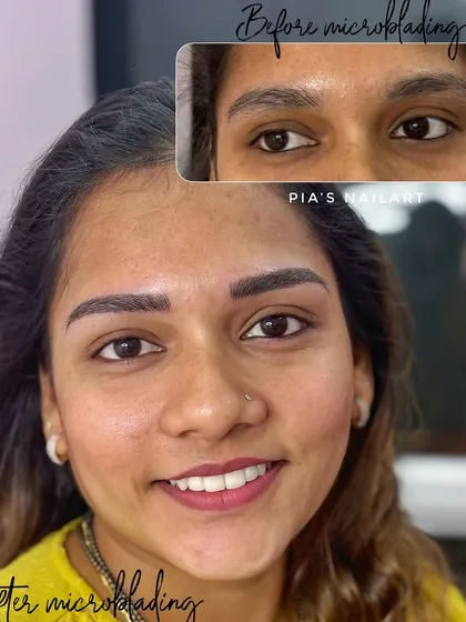 This client wanted a defined, semi-thick brow shape, which we achieved with stroke microblading. Her happy smile says it all. Remember, the brows will look bold immediately after but will heal to a softer, more natural finish.
