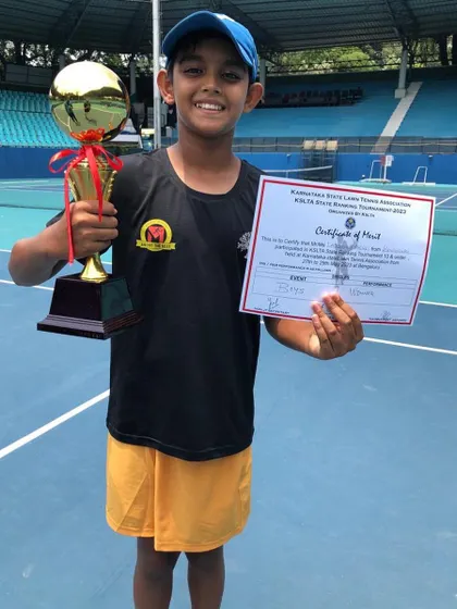 A milestone moment for our youngest player, Laqshaya, winning his first ever title in the U-10 tournament at KSLTA. We build champions from the ground up.