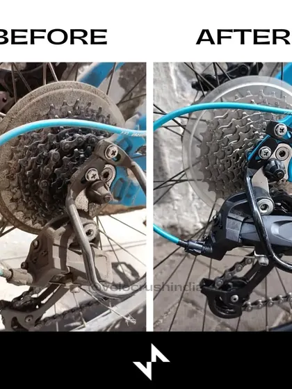 Look at the difference in the drivetrain. We removed years of accumulated dirt and rust from the cassette and derailleur, replacing cables to ensure crisp and reliable gear changes.