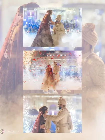 An artistic, layered collage of the couple's Varmala ceremony, creating a dreamy effect.