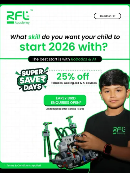 What skill do you want your child to start 2026 with? This poster positions Robotics & AI as the best start and promotes our Super Saver Days with a 25% discount.