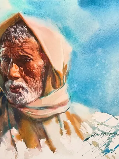 A watercolour portrait of an old man, with a focus on the effects of light and weather on his face. The background wash adds to the atmosphere of the piece.
