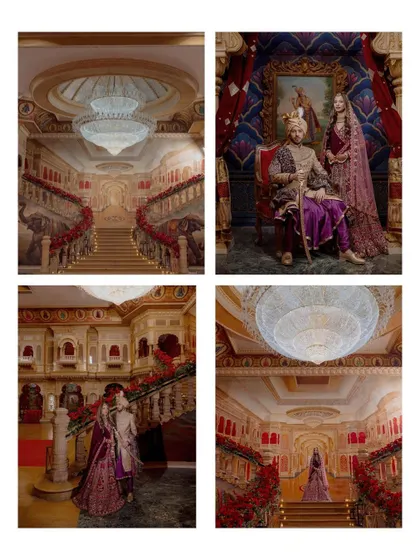 A collage showcasing the sheer opulence of a royal Mumbai wedding, from the grand crystal chandeliers and sweeping staircases to the regal couple portraits.
