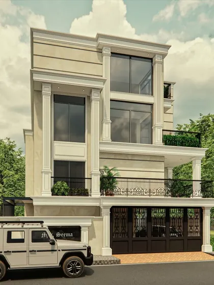 This proposed 40x60 Vastu-compliant villa is a fusion of contemporary design with classic villa elements. The south-facing bungalow design features large windows and classical columns for a grand, stately look.